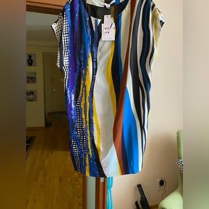 Diane Von Furstenberg Tunic Striped Sequence Silk Dress Glass Patch